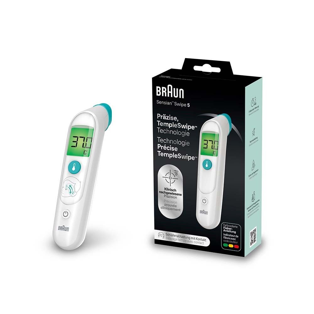 Digitales Thermometer. Weißes Gerät mit blauem Kopf. Display zeigt 37.0°C. Verpackung mit Produktabbildung und Markennamen.