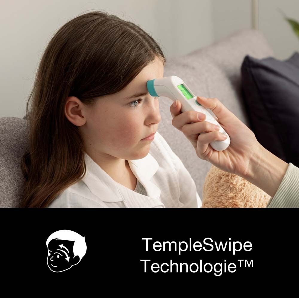 Kind mit Stirnthermometer. Gerät mit Display 37.0°C. Person hält Thermometer am Kopf. Text: TempleSwipe Technologie.