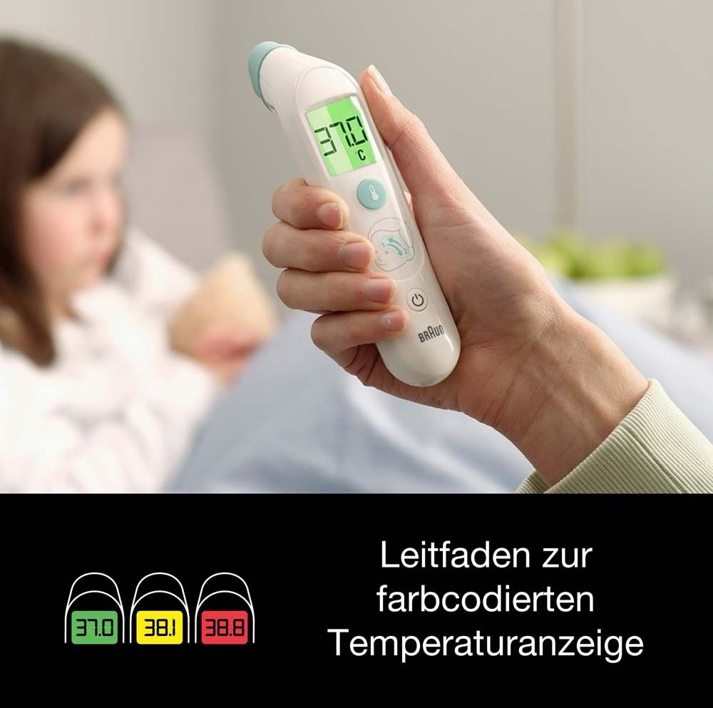 Person hält Thermometer. Display zeigt 37.0°C. Farbcodierte Temperaturanzeige. Text: Leitfaden zur farbcodierten Temperaturanzeige.