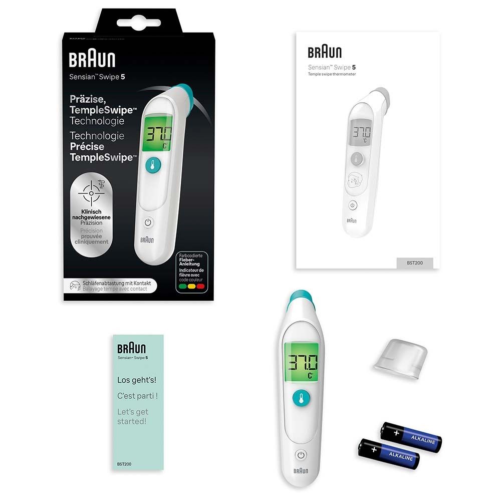 Produktabbildung mit Zubehör. Thermometer, Anleitung, Batterien. Verpackung mit Produktabbildung und Markennamen.