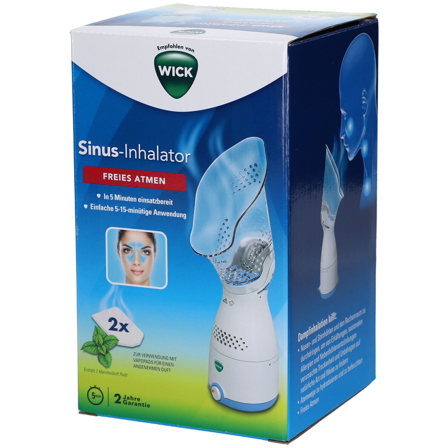 WICK Sinus-Inhalator-Verpackung. Weiß-blaue Box mit Produktabbildung, Logo und Text. Enthält Inhalator und Zubehör.