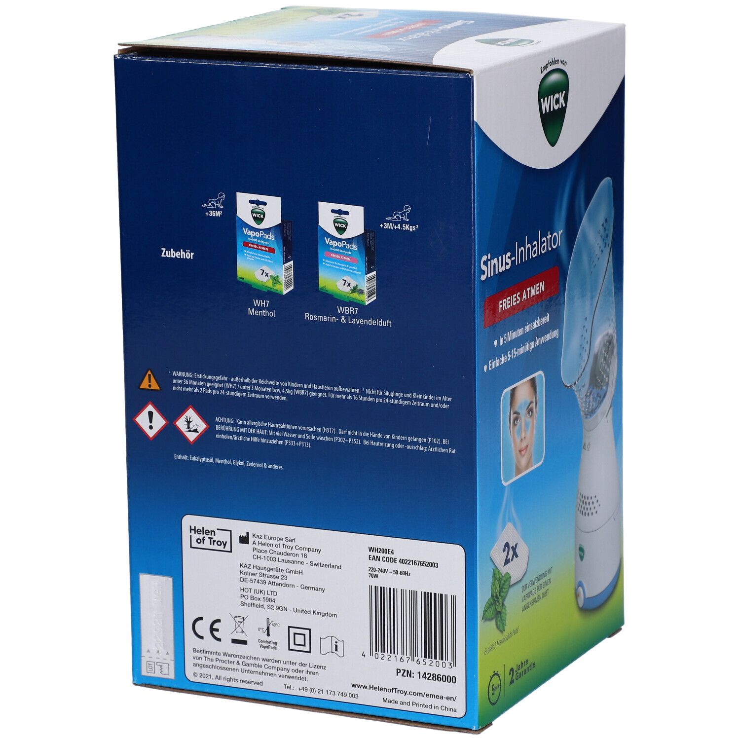 Rückseite der WICK Sinus-Inhalator-Verpackung. Zeigt Produktinformationen, Logos, und Zubehör. Enthält auch CE-Kennzeichnung.