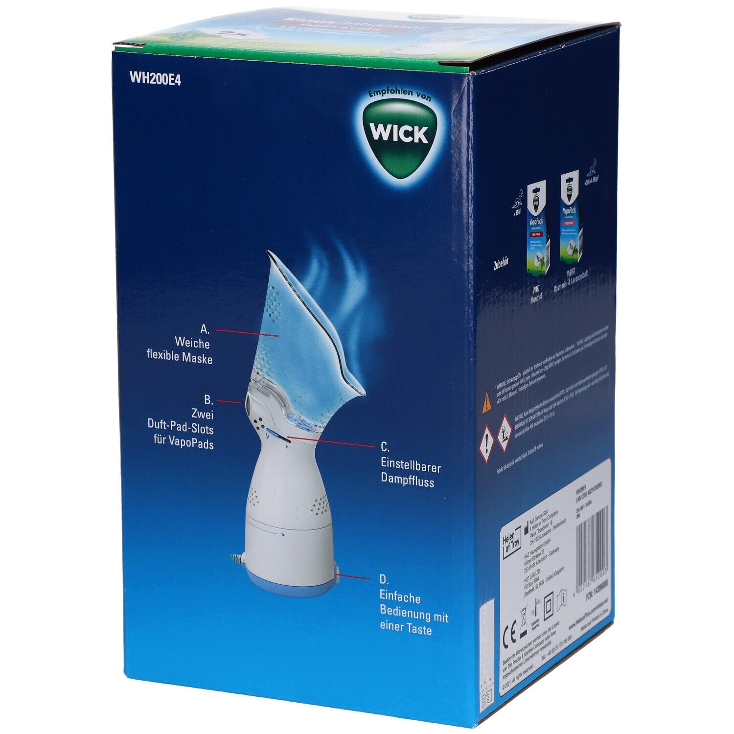 Seite der WICK Sinus-Inhalator-Verpackung. Zeigt Produktmerkmale: Maske, Dampf-Slots, Dampf-Fluss, Bedienung. Mit Logo.