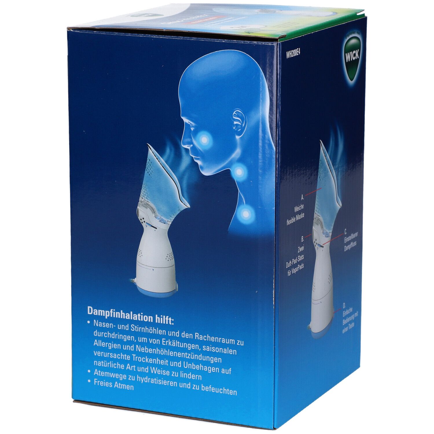 Seite der WICK Sinus-Inhalator-Verpackung. Zeigt Dampfinhalation und Vorteile. Mit Logo und Produktabbildung.
