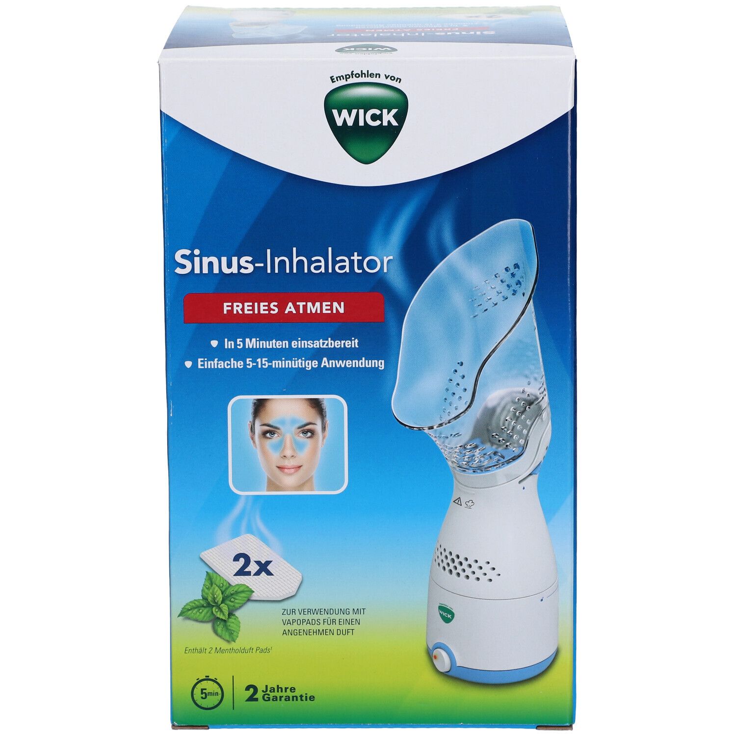 Vorderseite der WICK Sinus-Inhalator-Verpackung. Weiß-blaue Box mit Produktabbildung, Logo und Text. Enthält Inhalator.