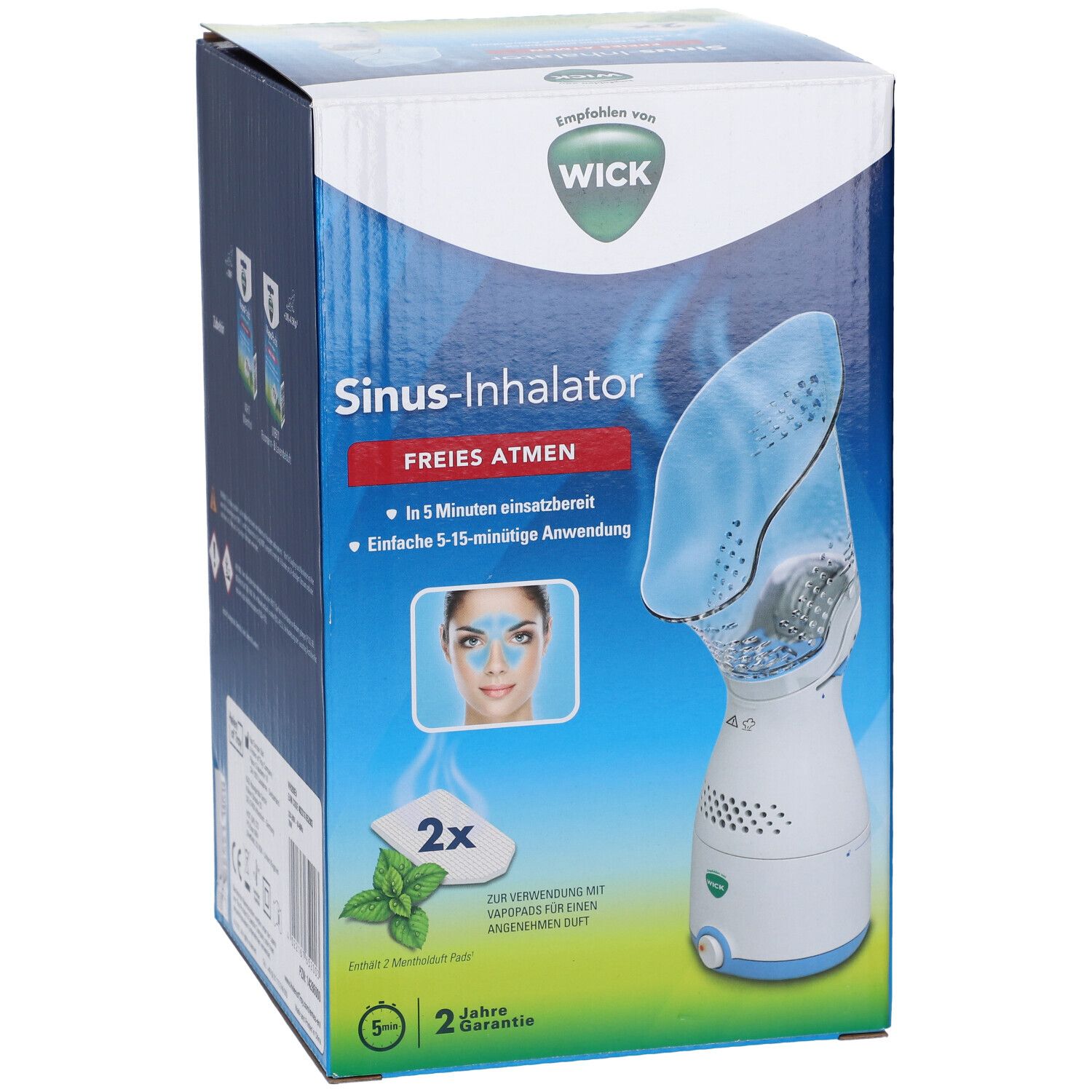 Vorderseite der WICK Sinus-Inhalator-Verpackung. Weiß-blaue Box mit Produktabbildung, Logo und Text. Enthält Inhalator.