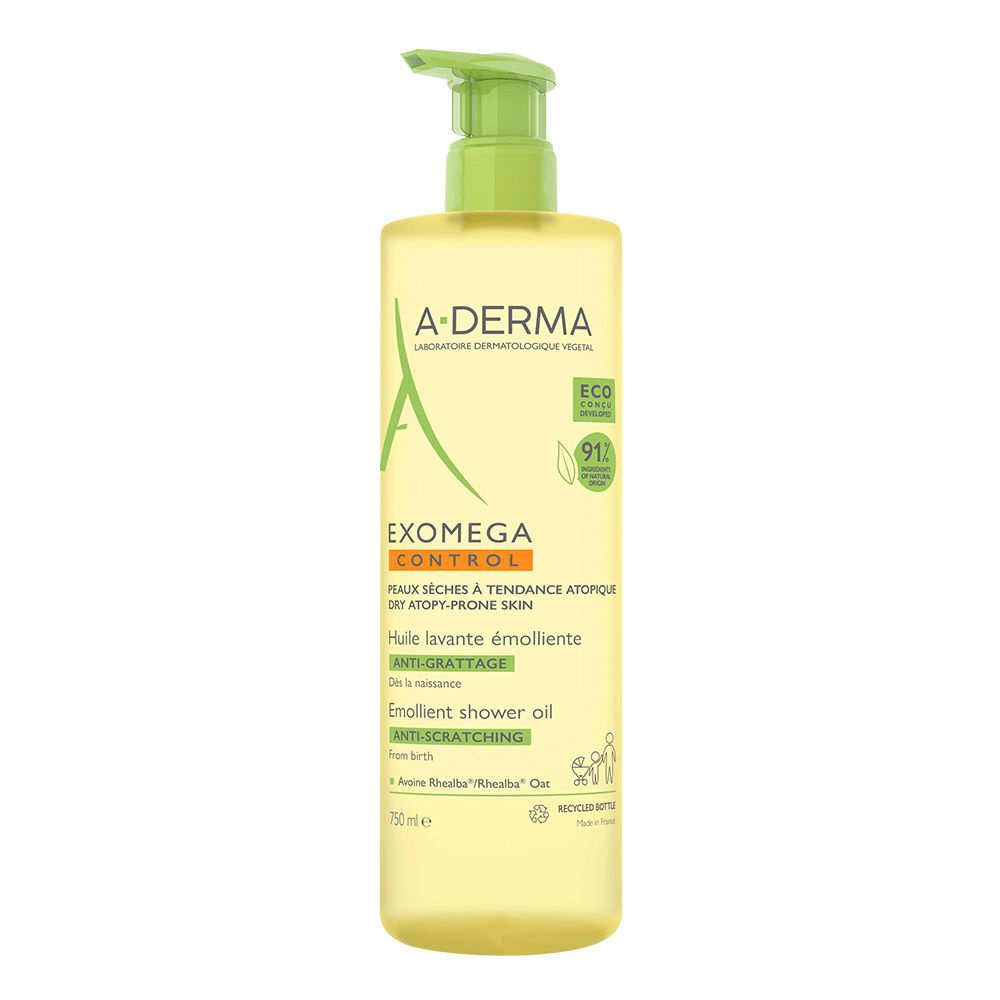 A-DERMA EXOMEGA CONTROL Duschöl. Gelbe Flasche mit grünem Pumpkopf. Text: EXOMEGA CONTROL, Anti-Juckreiz, 750ml.