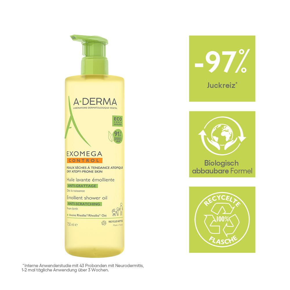 A-DERMA EXOMEGA CONTROL Duschöl. Gelbe Flasche mit grünem Pumpkopf. Text: EXOMEGA CONTROL, -97% Juckreiz, biologisch abbaubar.