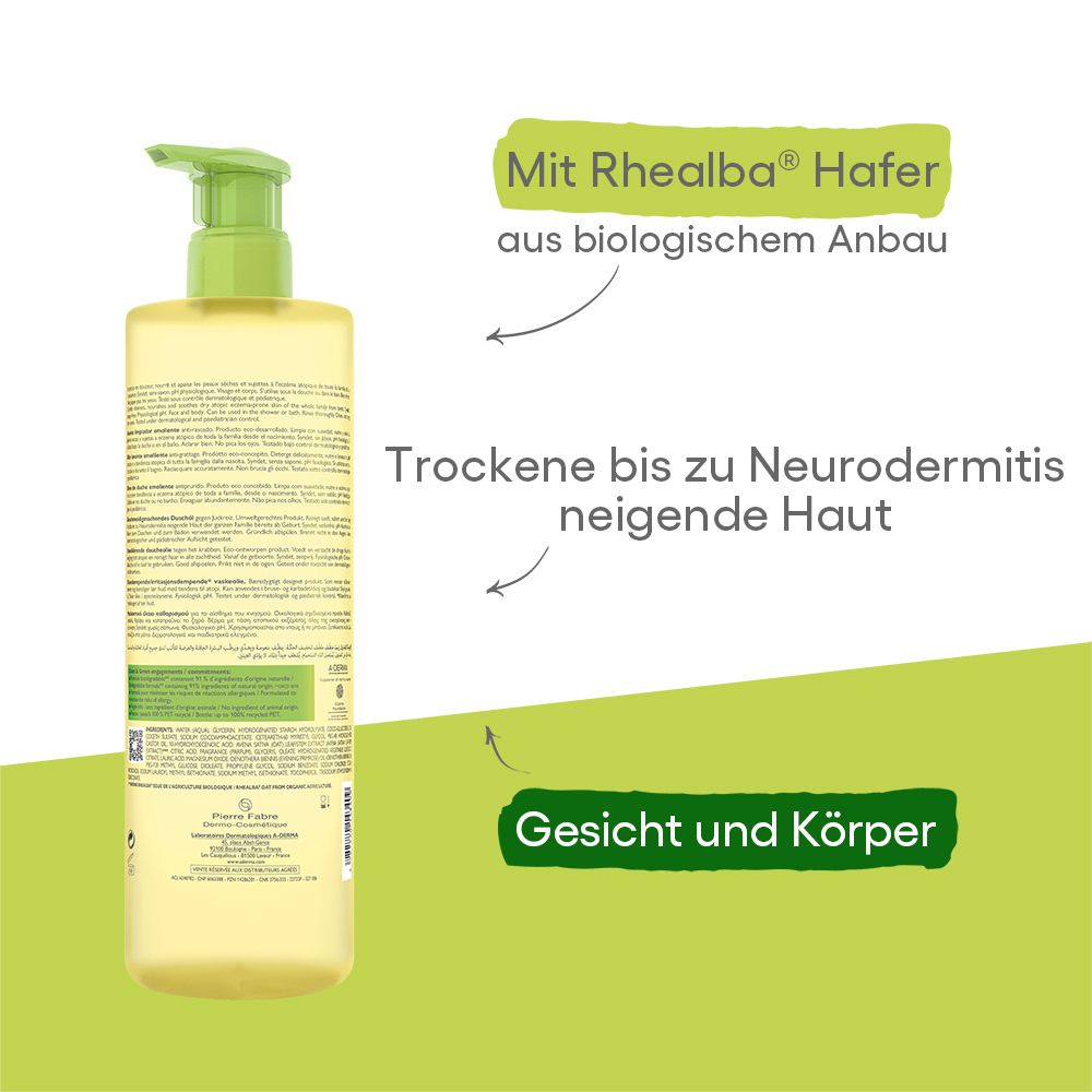 A-DERMA EXOMEGA CONTROL Duschöl. Gelbe Flasche. Text: Mit Rhealba Hafer aus biologischem Anbau. Für trockene bis zu Neurodermitis neigende Haut.