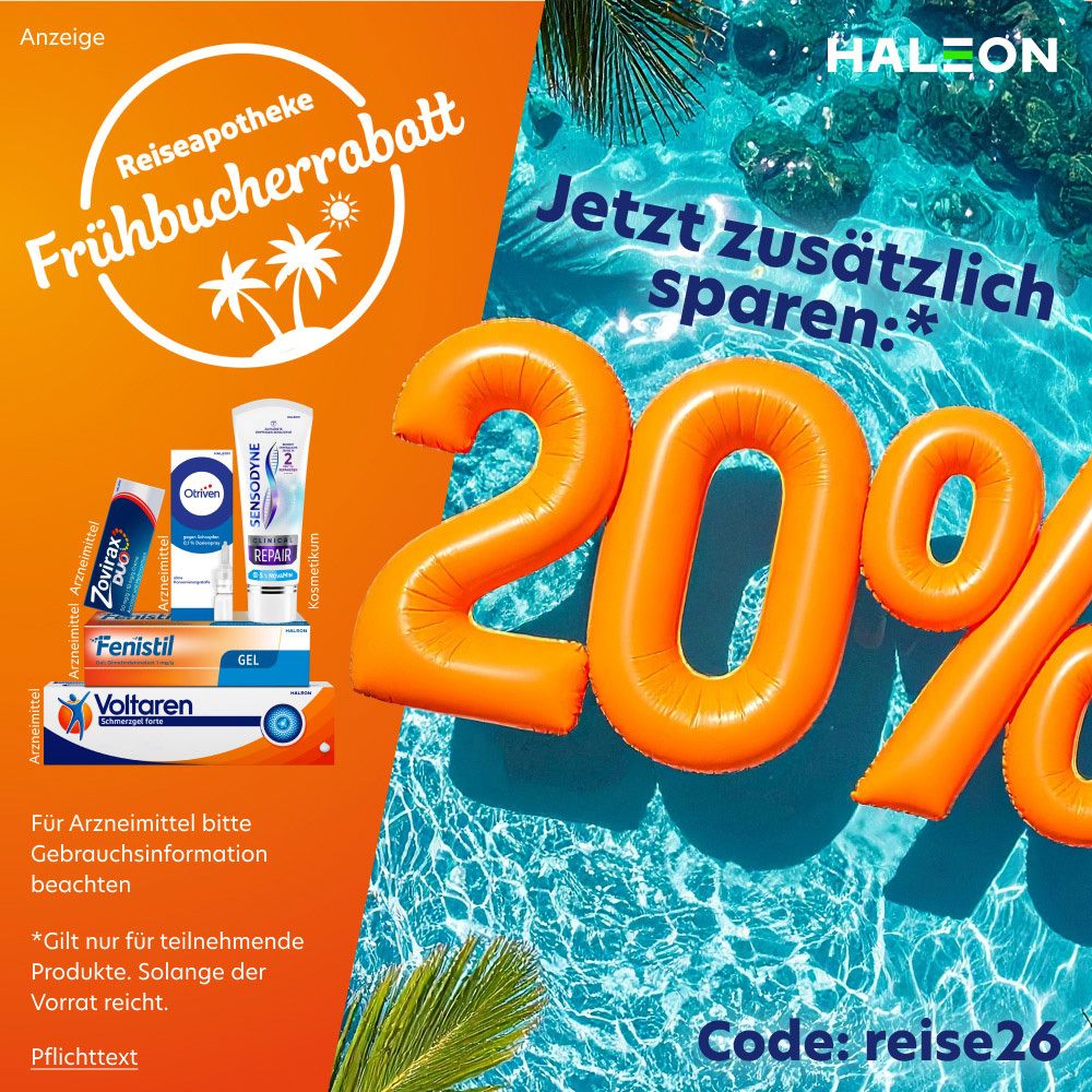 Werbeanzeige mit 20% Rabatt auf verschiedene Gesundheitsprodukte, darunter SENSODYNE.