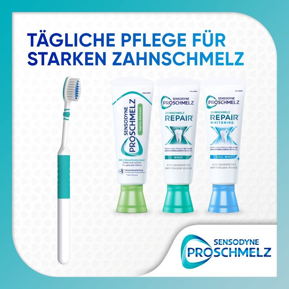 Sensodyne Zahnbürste und drei Sensodyne ProSchmelz Zahnpastatuben: Repair, Repair Whitening.