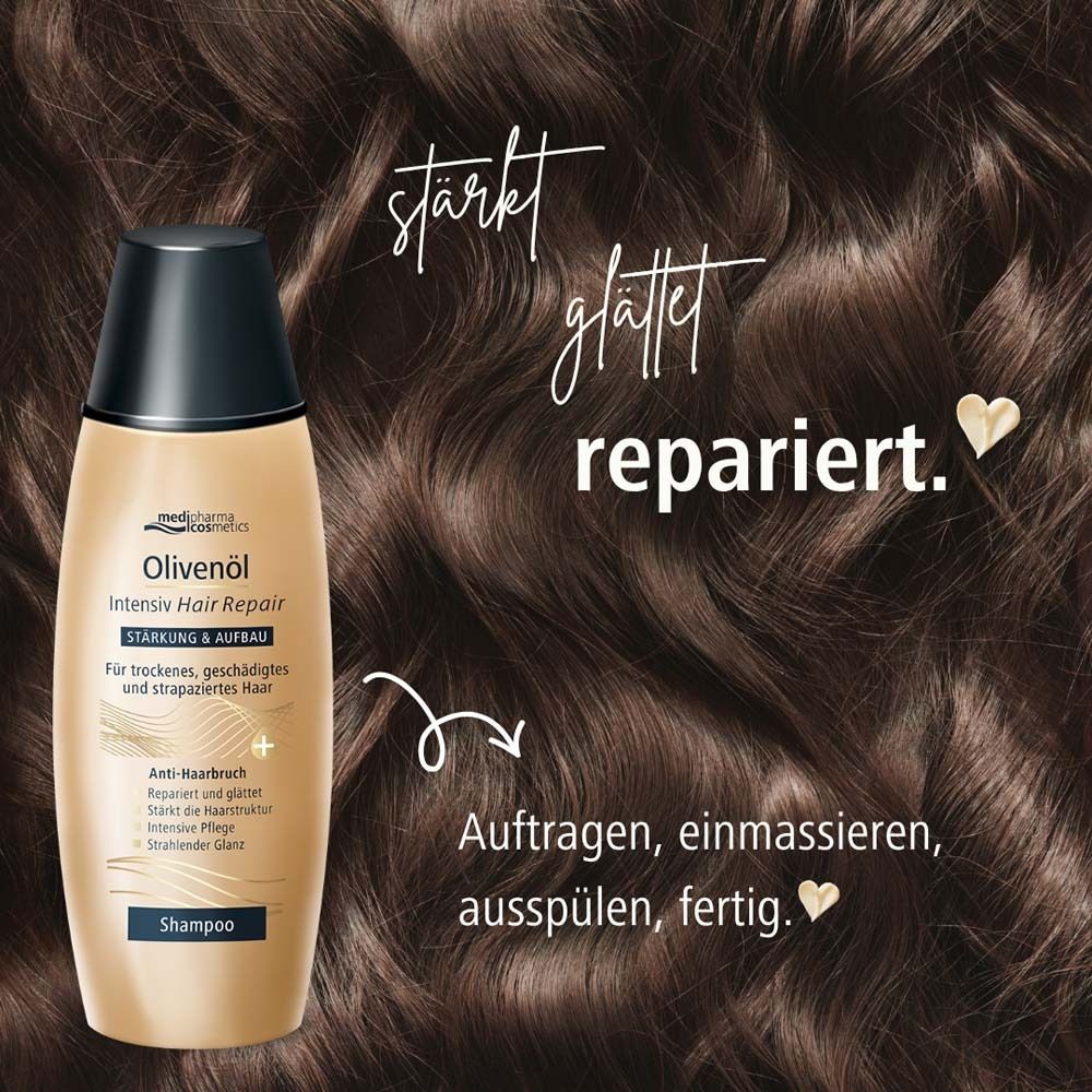 Shampoo-Flasche vor braunen Haaren. Text: stärkt, glättet, repariert. Anweisungen: auftragen, einmassieren, ausspülen, fertig.