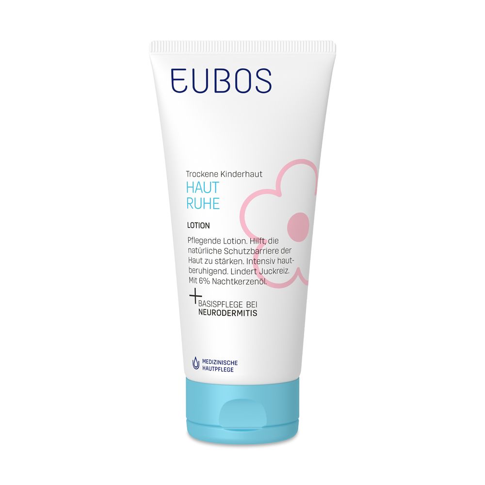 EUBOS® Kinder Haut Ruhe Lotion. Weiße Tube mit blauem Verschluss. Produktname und Logo auf der Vorderseite.