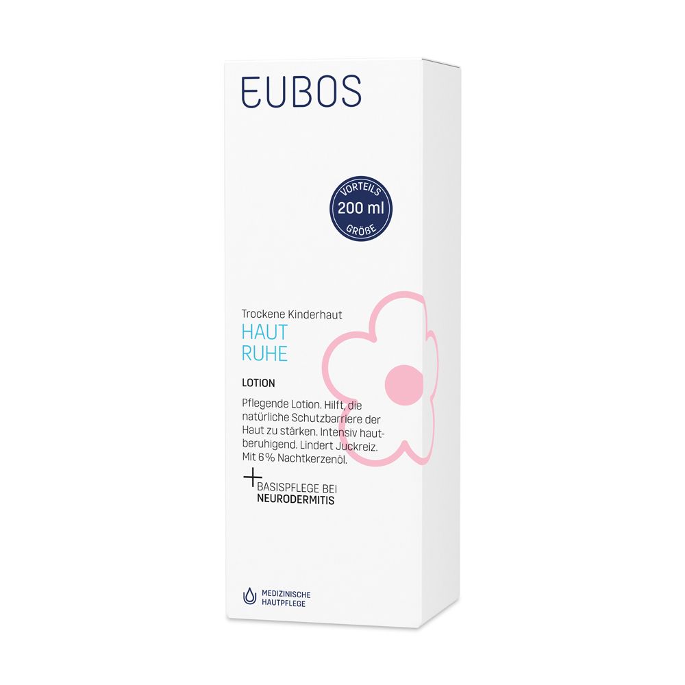 EUBOS® Kinder Haut Ruhe Lotion Verpackung. Weiße Schachtel mit Produktnamen und Logo. Rosa Blume.