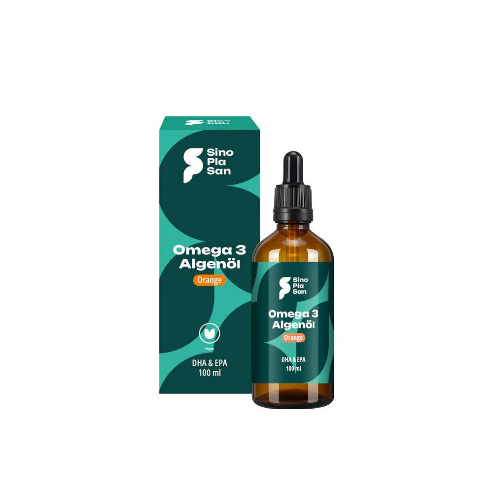 Braune Glasflasche mit Tropfer und grüner Verpackung. Aufschrift: Omega 3 Algenöl Orange. DHA & EPA.