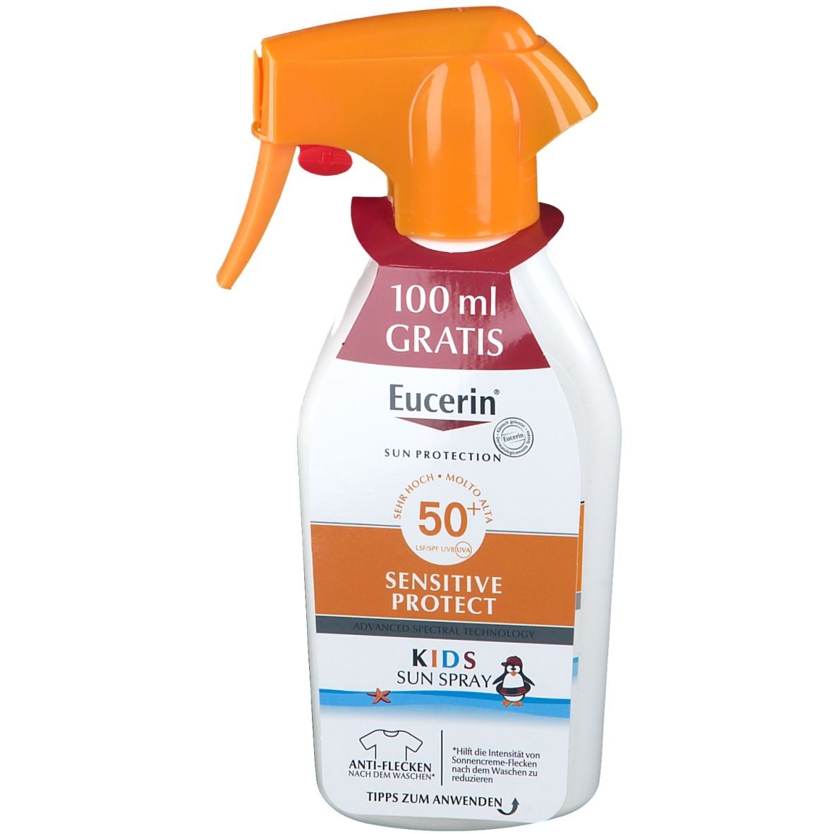 Sonnenspray mit Trigger. Orangefarbener Sprühkopf. Aufschrift: 100 ml GRATIS, Eucerin, LSF 50+, Sensitive Protect Kids Sun Spray.