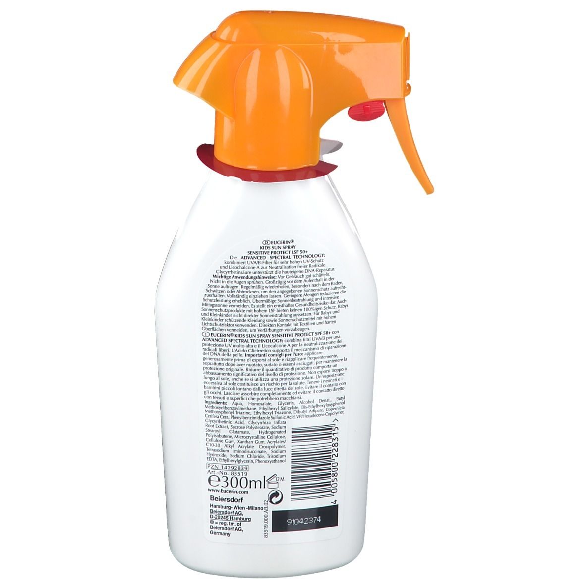 Rückseite einer Sonnenspray-Flasche. Text und Barcode. Aufschrift: Eucerin, 300ml.
