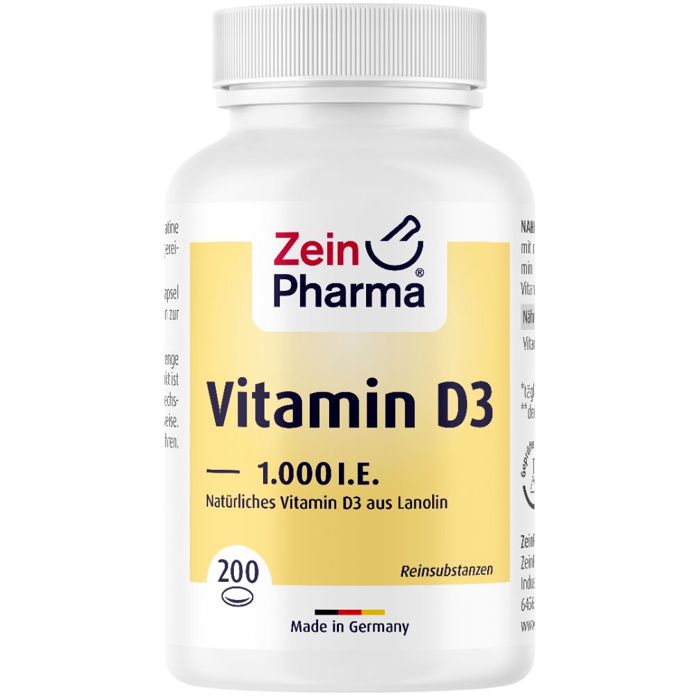 Vitamin D3 Kapseln 1.000 I.E. Softgel von Zein Pharma. Flasche und Verpackung. 200 Kapseln.