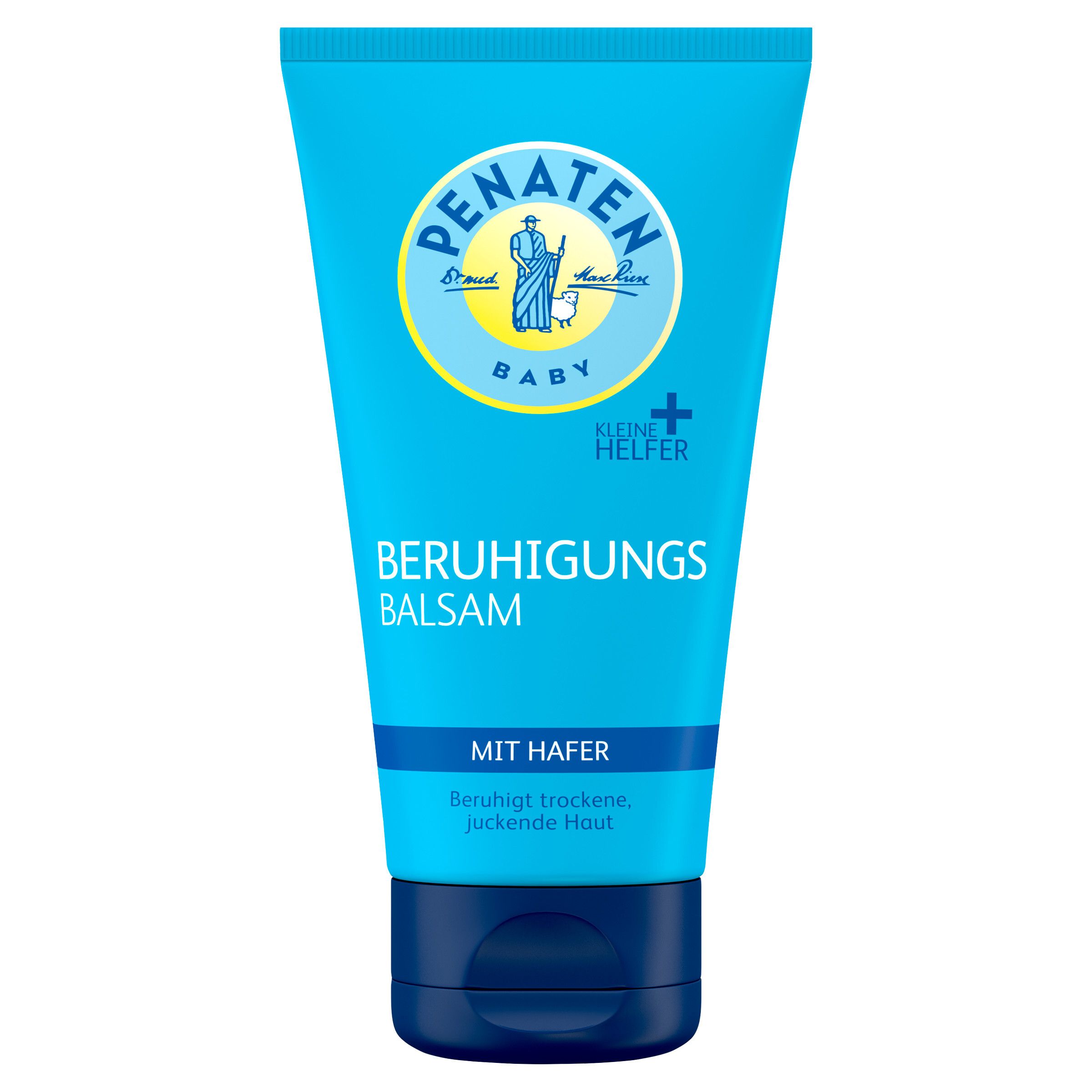 Blaue Tube mit PENATEN Baby Beruhigungsbalsam. Text: Beruhigungsbalsam mit Hafer. Logo mit Figur. Produktverpackung.
