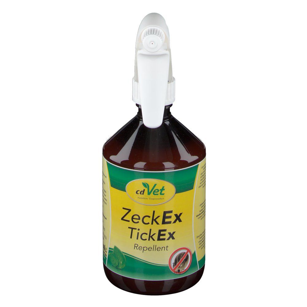 Braune Sprühflasche mit weißem Sprühkopf. Auf dem Etikett steht "cd Vet ZeckEx TickEx Repellent".