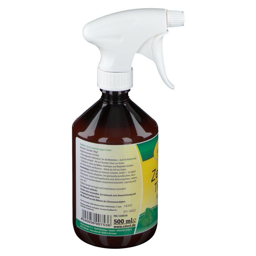 Braune Sprühflasche, schräg von hinten. Weißer Sprühkopf. Etikett mit Text. Volumenangabe: 500 ml.