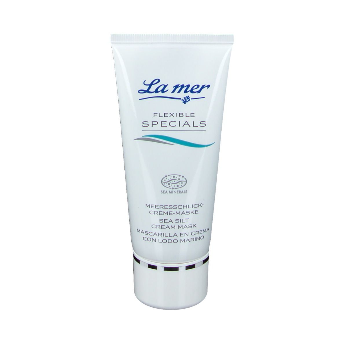 Weiße Tube mit blauer Schrift. Produktname: FLEXIBLE SPECIALS Meeresschlick-Creme-Maske. Logo: La mer. Mit Siegel.