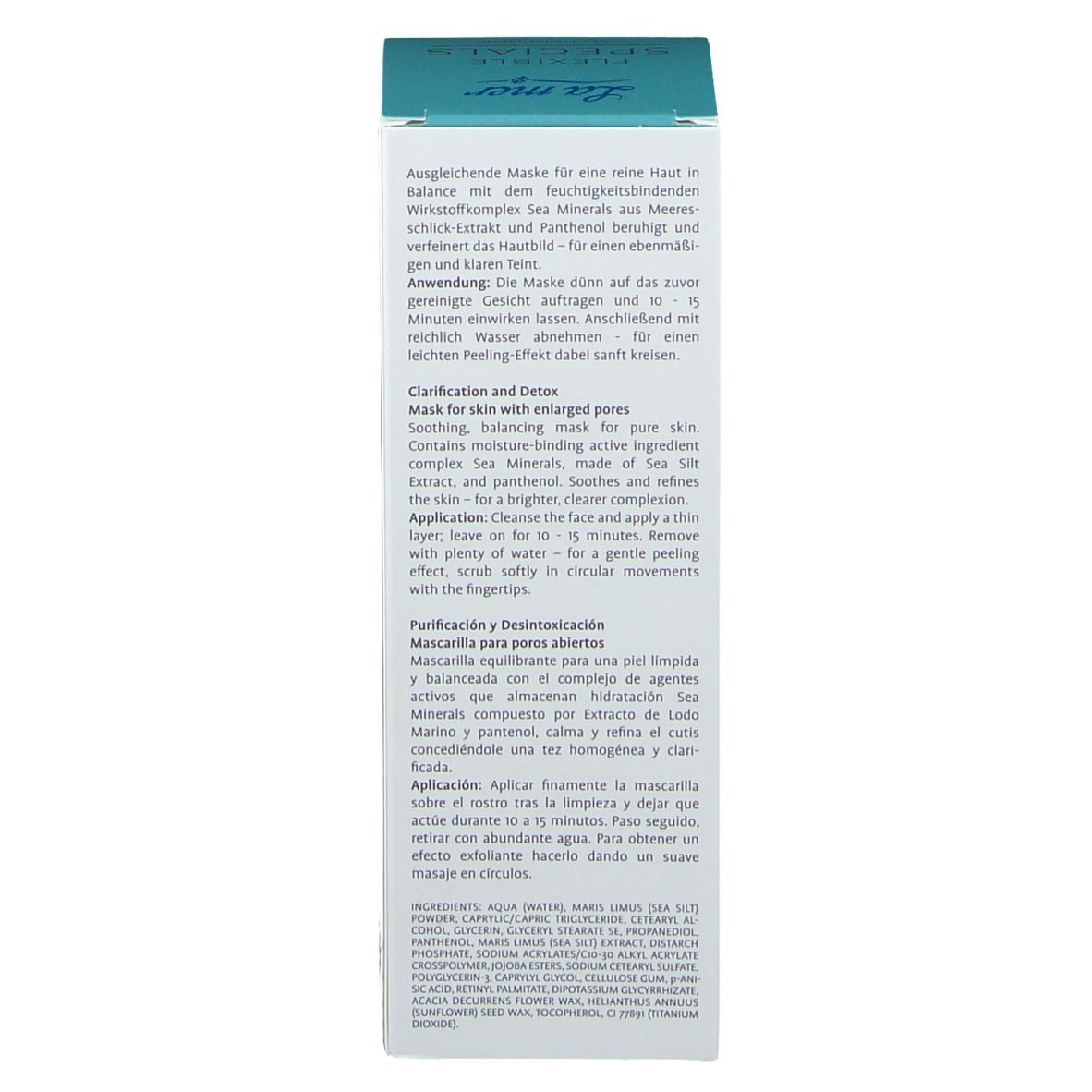 Rückseite der Produktverpackung. Text in Deutsch, Englisch und Spanisch. Anwendungshinweise und Produktvorteile.