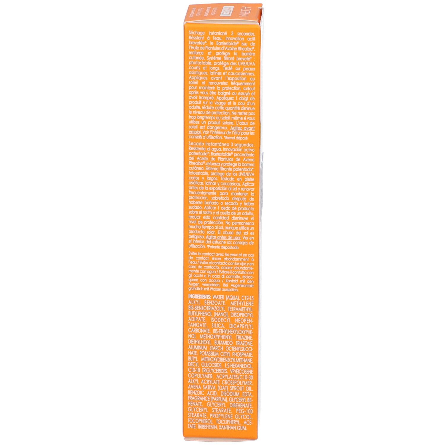 Orangefarbene Produktverpackung mit detaillierten Inhaltsstoffen und Anweisungen in mehreren Sprachen.
