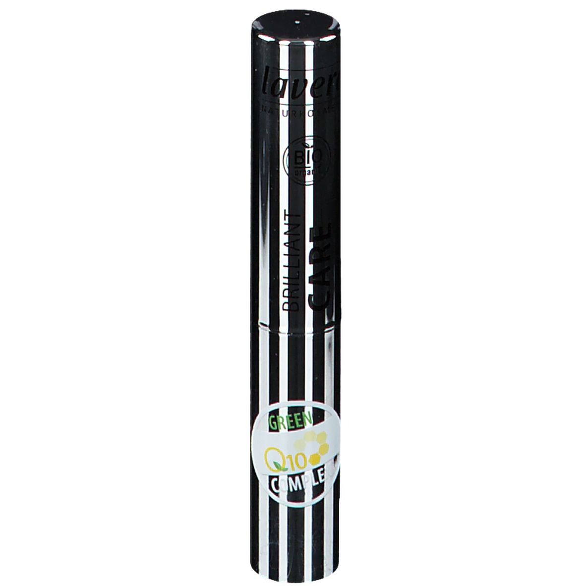 Zylindrische Kosmetikverpackung mit schwarz-weiß gestreiftem Design. Oben und unten silberfarben. Mit Aufschrift 'BRILLIANT CARE Q10'.