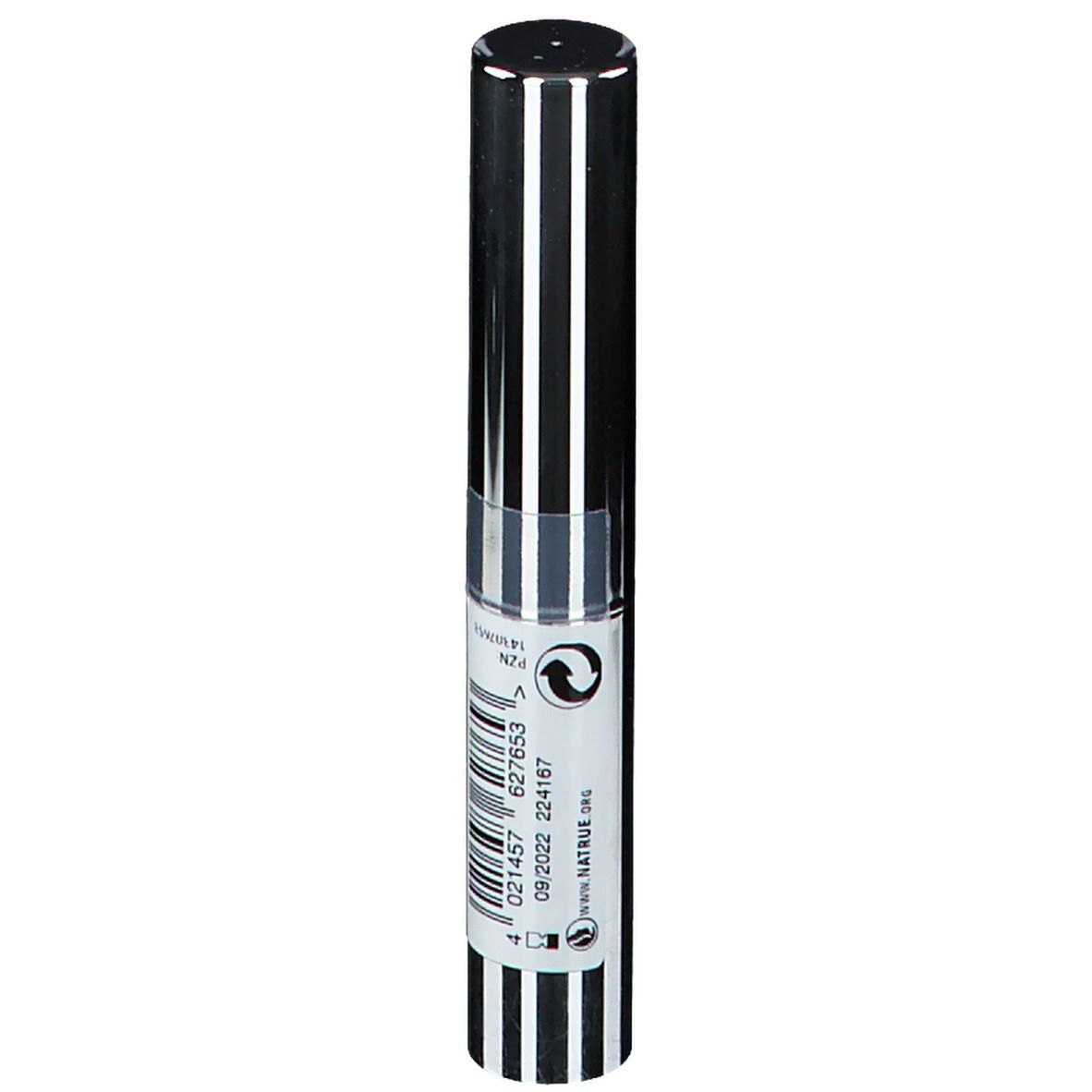 Zylindrische Kosmetikverpackung mit schwarz-weiß gestreiftem Design. Silberfarbenes Oberteil. Mit Logo und Produktinformationen.