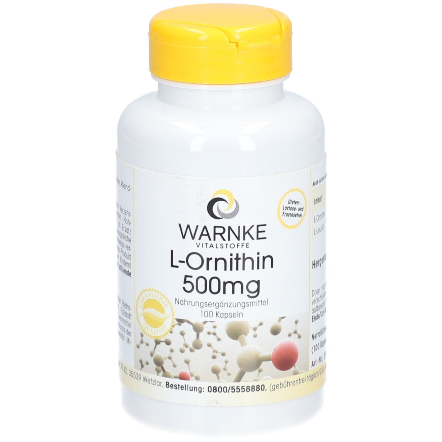 Weiße Flasche mit gelbem Deckel. Aufschrift: WARNKE L-Ornithin 500mg. 100 Kapseln. Nahrungsergänzungsmittel.