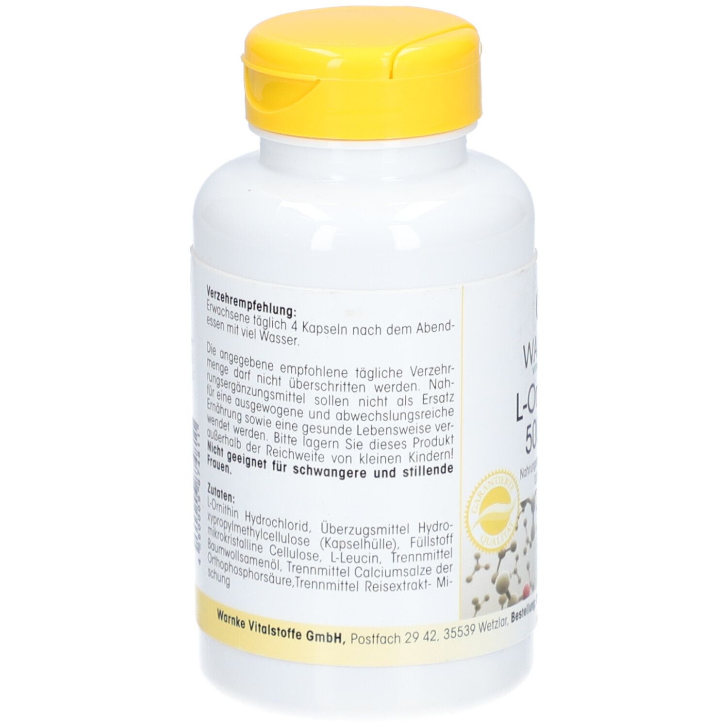 Rückseite der weißen Flasche mit gelbem Deckel. Text über die empfohlene Dosierung und Inhaltsstoffe. Nicht für Schwangere und Stillende.