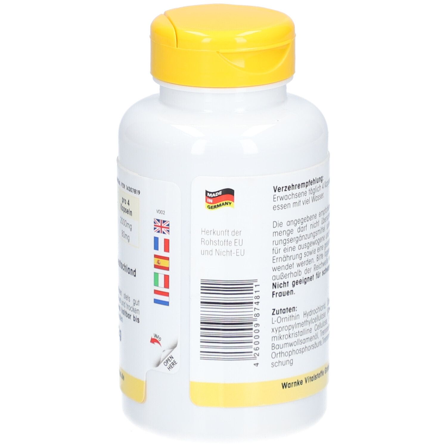 Rückseite der weißen Flasche mit gelbem Deckel. Text über die empfohlene Dosierung und Inhaltsstoffe. Hergestellt in Deutschland. Barcode.