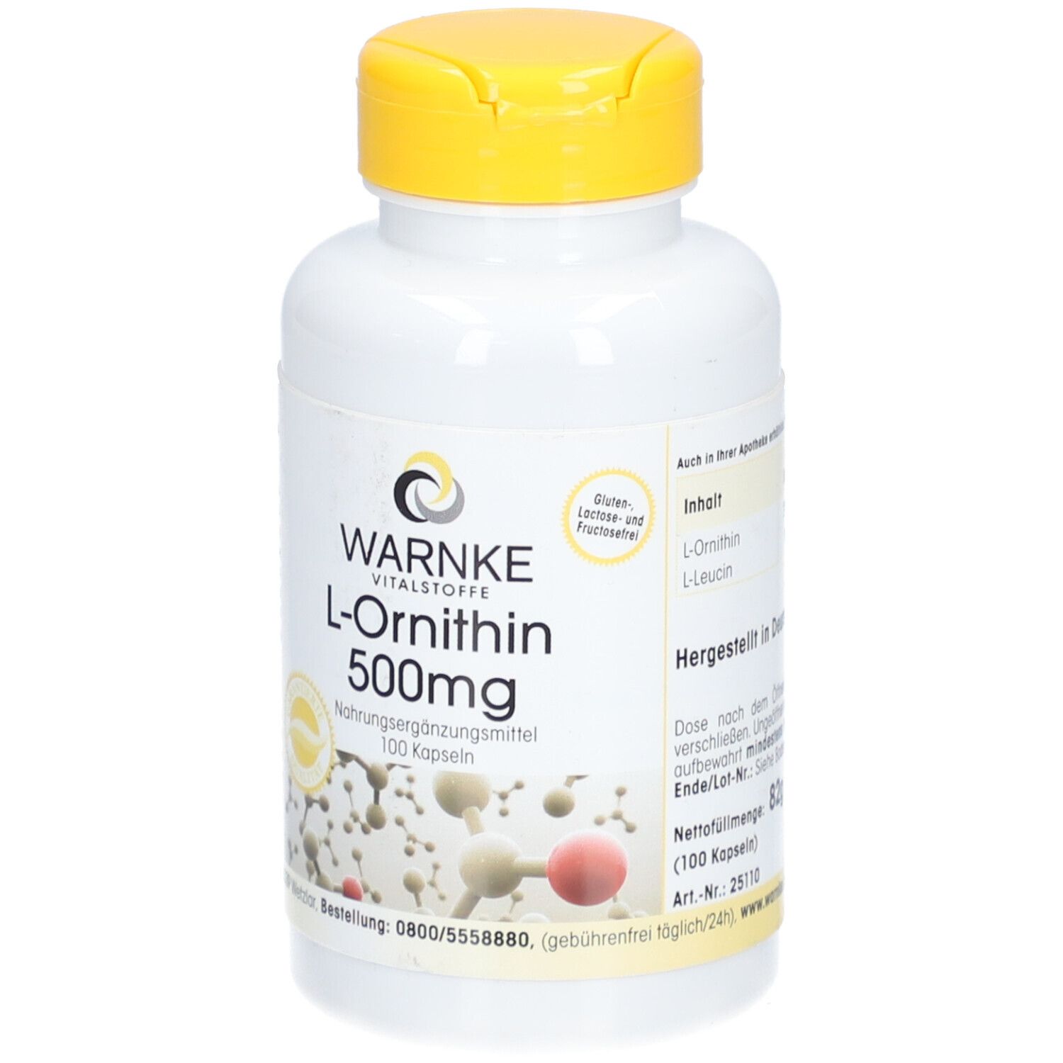Weiße Flasche mit gelbem Deckel. Aufschrift: WARNKE L-Ornithin 500mg. 100 Kapseln. Nahrungsergänzungsmittel. Inhalt: L-Ornithin, L-Leucin.