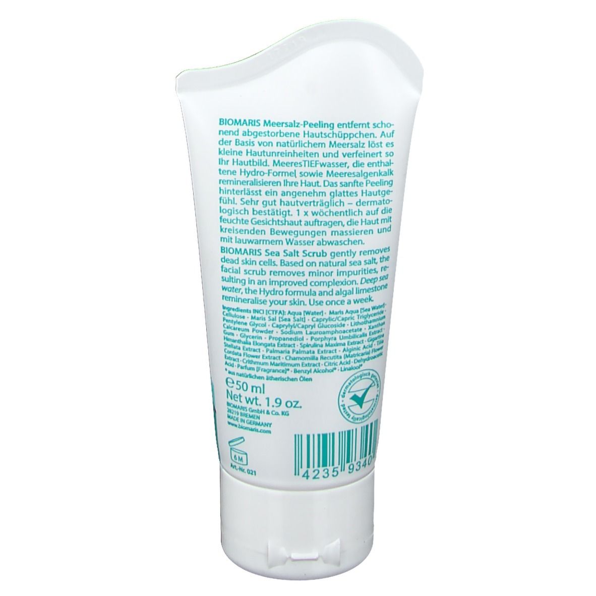 Rückseite der Tube. Text: BIOMARIS Meersalz-Peeling. Inhaltsstoffe, Anwendungshinweise. Logo und Zertifizierung.