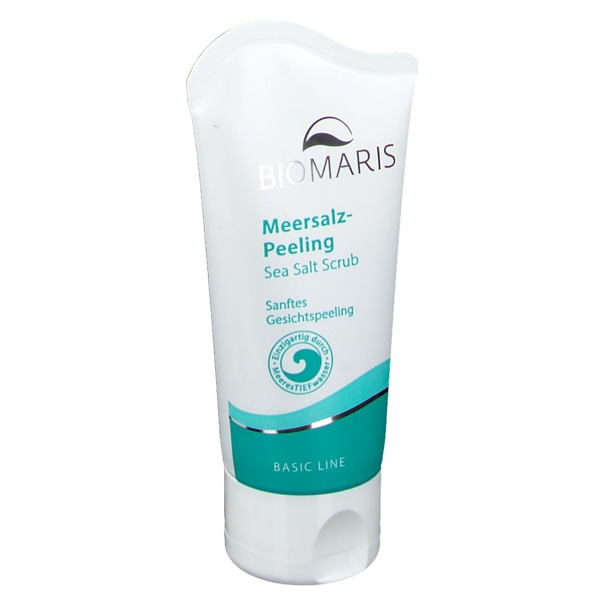 Weisse Tube mit blauem Streifen. BIOMARIS Meersalz-Peeling. Text: Sanftes Gesichtspeeling. Logo und Schriftzug.