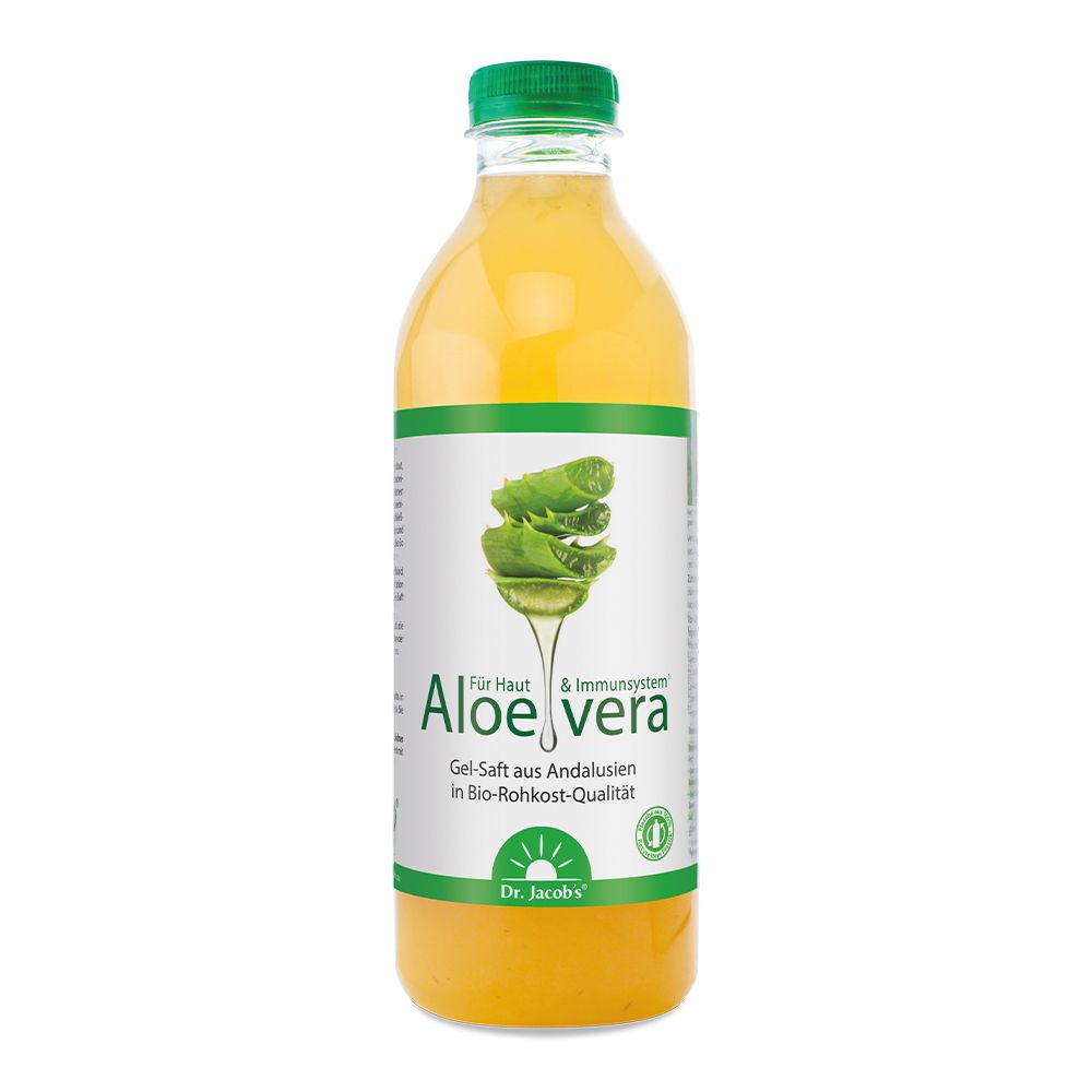 Aloe vera Gel-Saft in einer Glasflasche. Grüner Deckel, weißes Etikett mit Aloe vera-Blatt-Illustration. Text: Aloe vera, Dr. Jacob's.