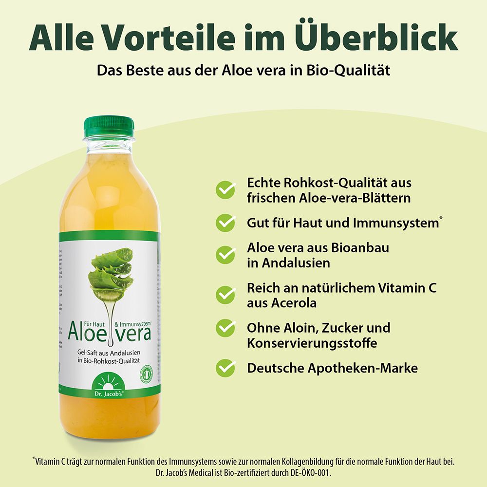 Grafik mit Vorteilen des Aloe vera Gel-Safts. Text: Rohkost-Qualität, gut für Haut und Immunsystem, Vitamin C aus Acerola.