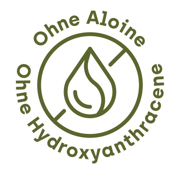 Rundes Logo mit Text: Ohne Aloine, ohne Hydroxyanthracene. Grüner Kreis, Tropfen-Symbol.