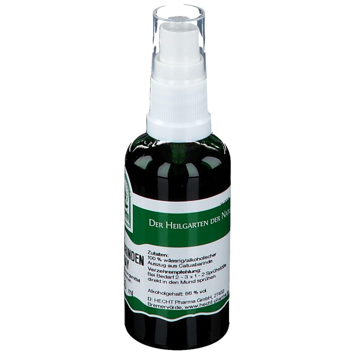 Grüne Glasflasche mit weißem Sprühkopf. Aufschrift: Catuabarinden Spray. Text in Deutsch. E 50 ml.