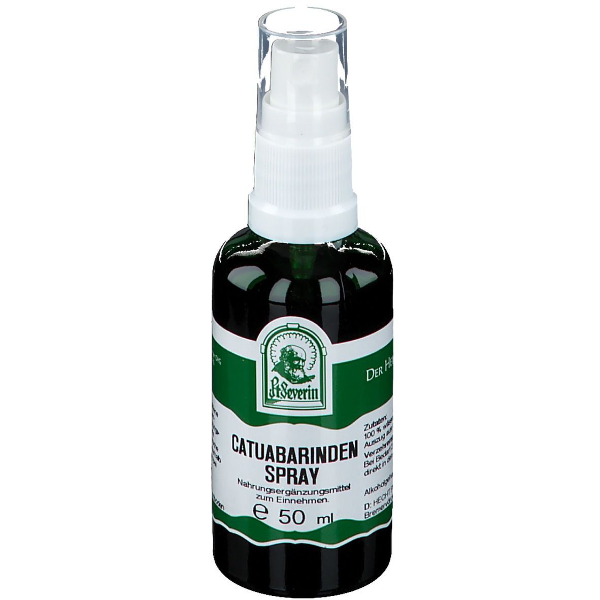 Grüne Glasflasche mit weißem Sprühkopf. Aufschrift: Catuabarinden Spray, St. Severin. E 50 ml.