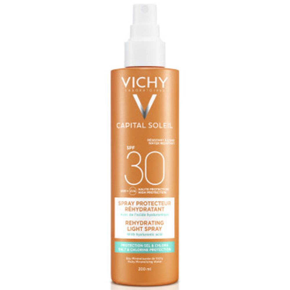Sonnen-Spray mit weißem Sprühkopf. Aufschrift: VICHY, CAPITAL SOLEIL, SPF 30. Text: Spray Protecteur Réhydratant. Flasche orange.