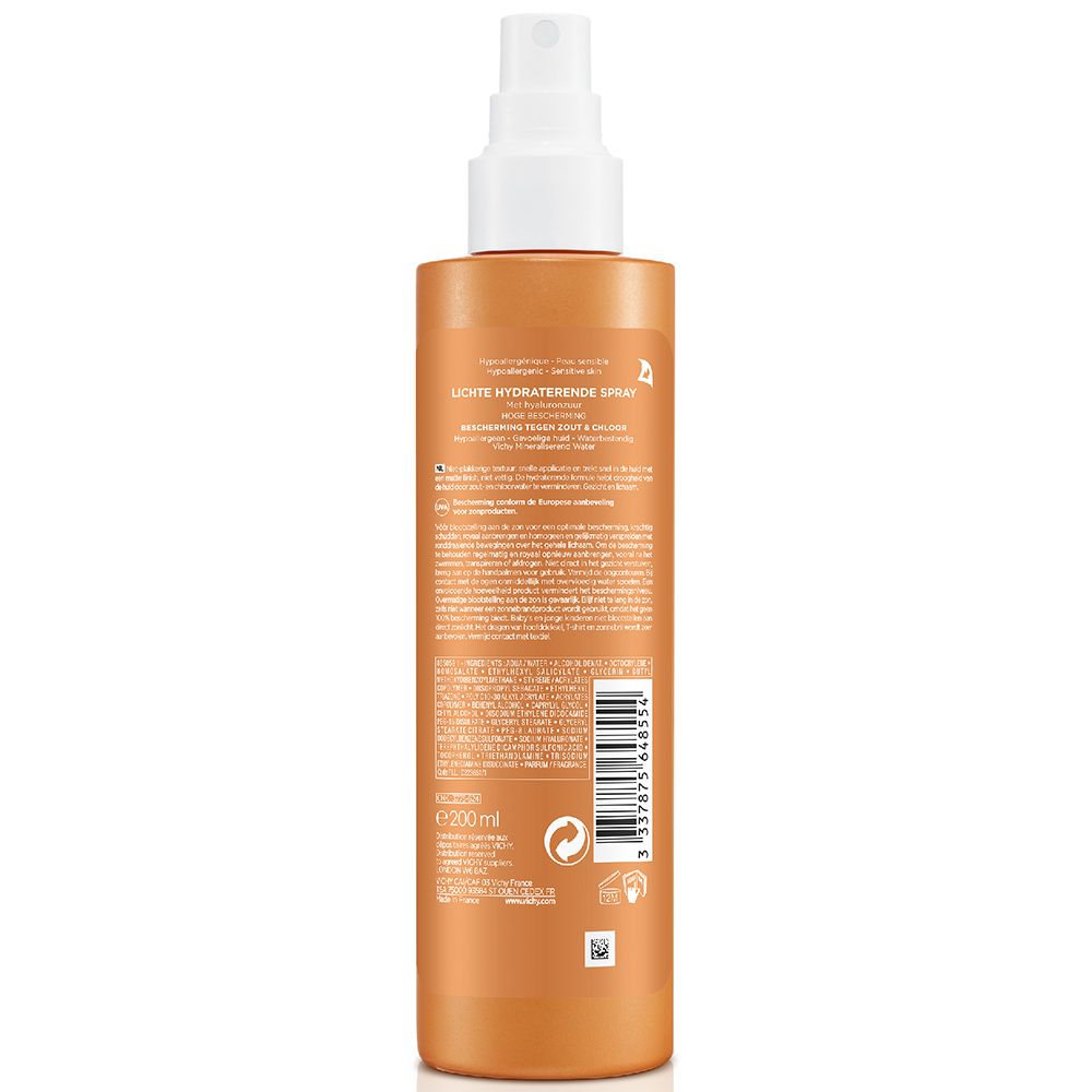 Rückseite einer orangefarbenen Sonnencreme-Flasche. Text und Logos auf dem Etikett. Enthält Informationen zum Produkt und zur Marke.
