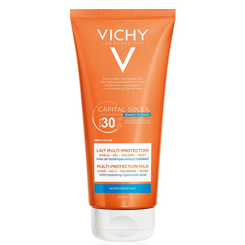 Orange Tube mit weißem Verschluss. Aufschrift: VICHY, CAPITAL SOLEIL, Lait Multi-Protection, Lichtschutzfaktor 30. Wasserfest.