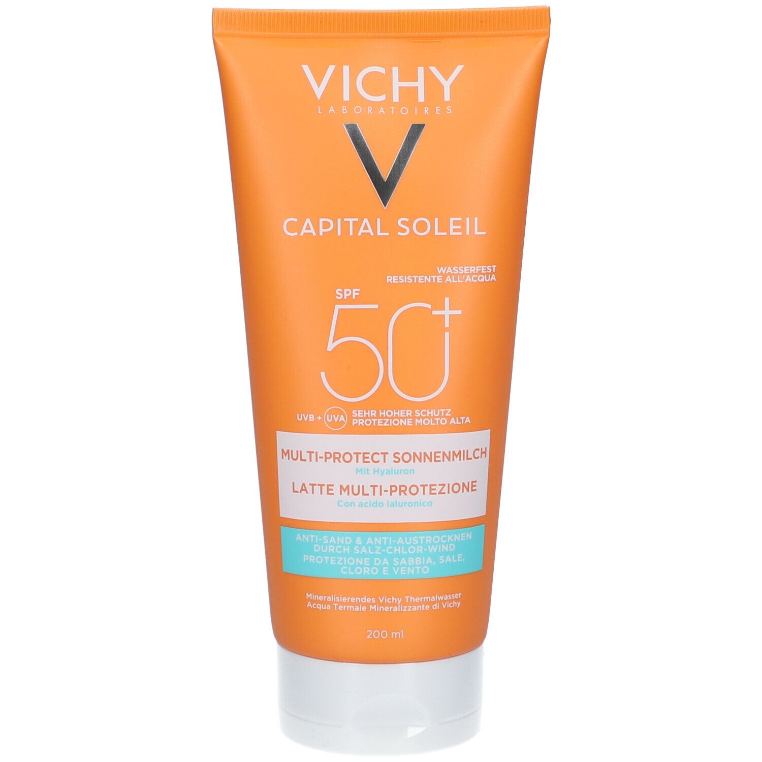 Orangefarbene Tube mit weißem Deckel. Aufschrift: VICHY, CAPITAL SOLEIL, SPF 50+. Produktbezeichnung: Multi-Protect Sonnenmilch.