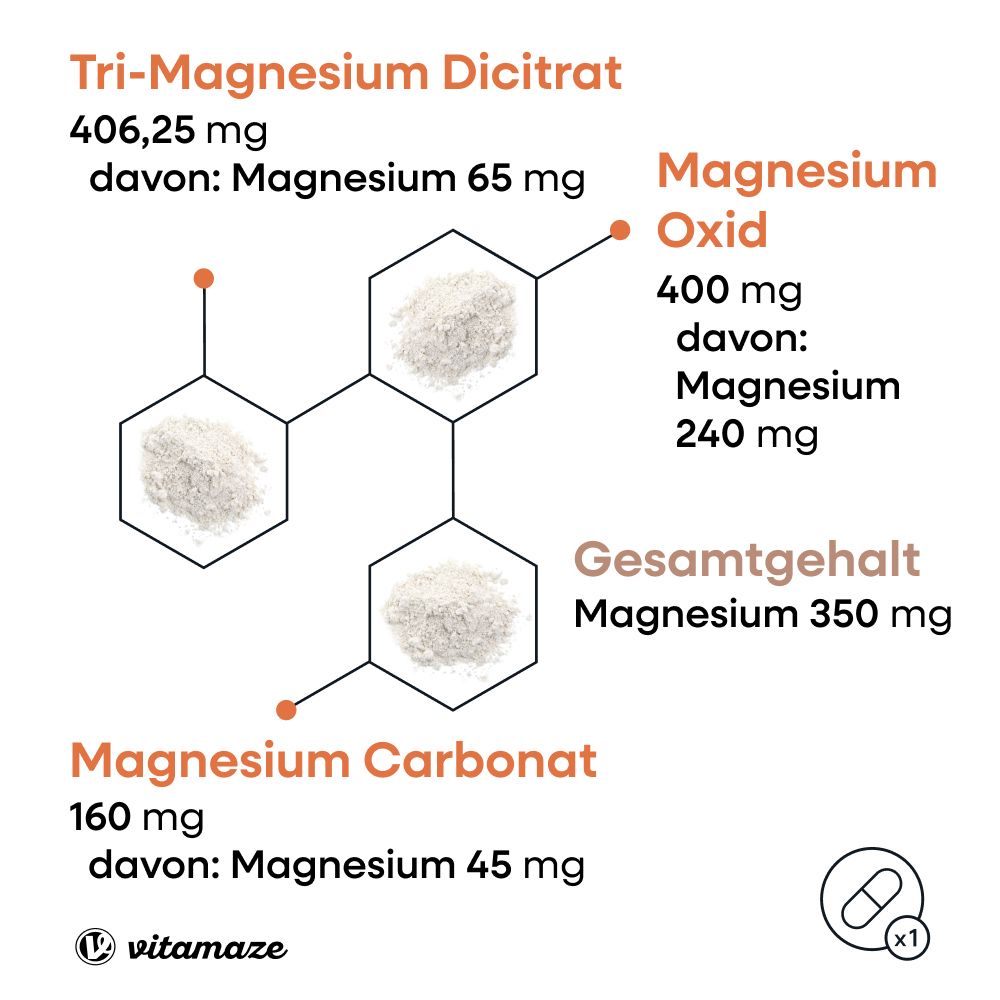 Vitamaze MAGNESIUM 350 mg Komplex Citrat/Oxid/Carbon vegan