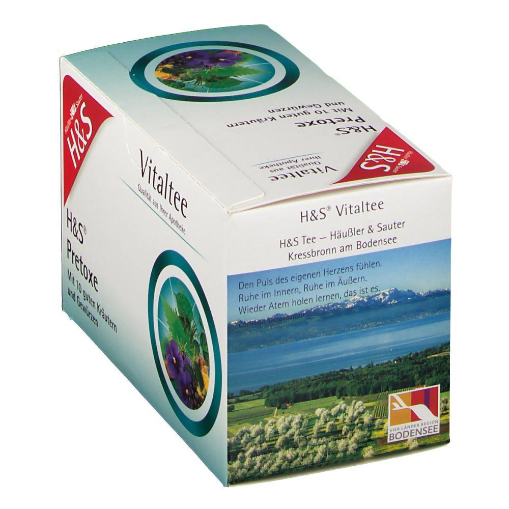 Verpackung von H&S Pretoxe Vitaltee. Weißer Karton mit Produktnamen, Logo und Landschaftsbild.