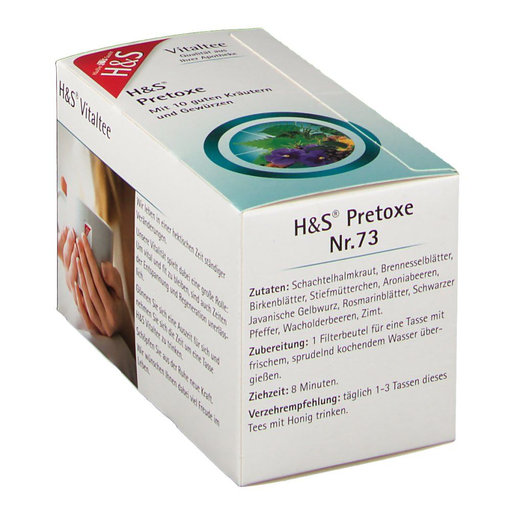 H&S Pretoxe Nr.73 Verpackung. Weißer Karton mit Produktnamen, Logo und Zutatenliste.