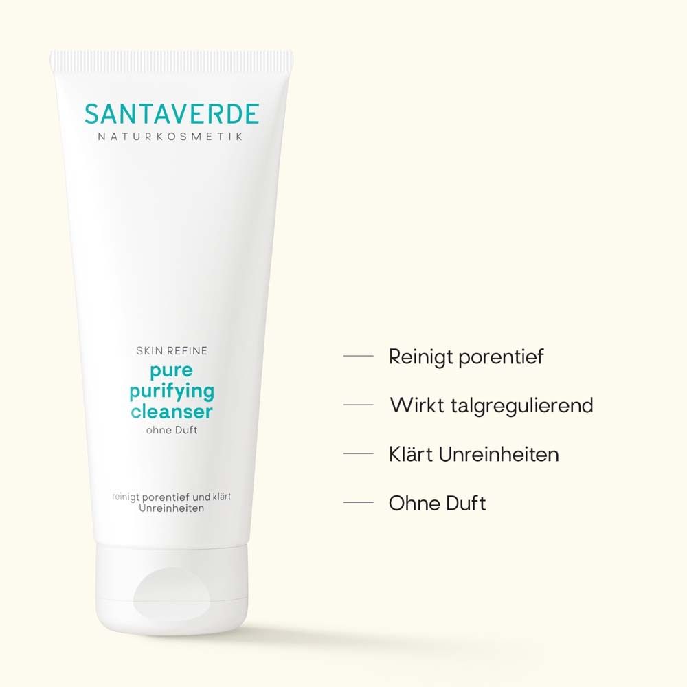 Weiße Tube mit Text: pure purifying cleanser ohne Duft. Textzeilen: Reinigt porentief, wirkt talgregulierend, klärt Unreinheiten.