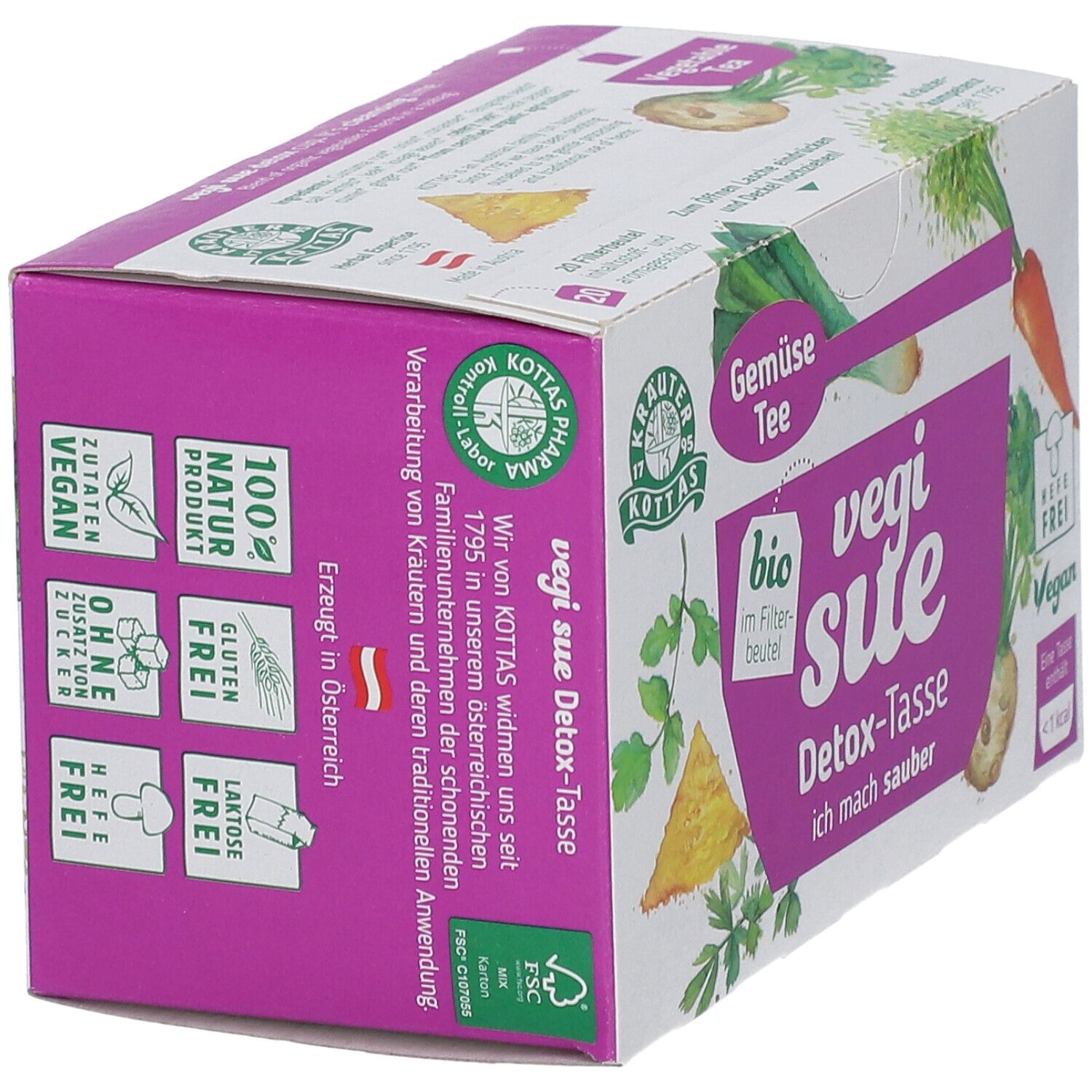 Karton von Dr. Kottas vegi sue Detox-Tasse. Aufdrucke: vegan, glutenfrei, laktosefrei, zuckerfrei. Text: Naturprodukt.